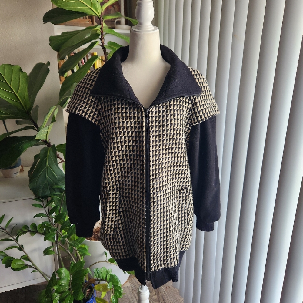Lorovi Vintage Black White Geometric Wool Funnel Neck Coat Jacket Size 12